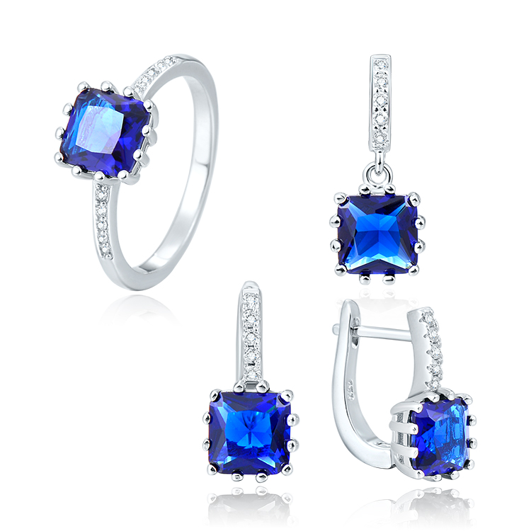 Classic Square Shape Rhodium Plated Real 925 Sterling Silver Blue Color Jewelry Set