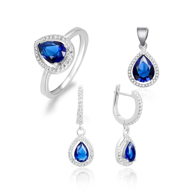 Bijoux de mode Shinning avec Cz synthétique pavé de saphir bleu boucles d'oreilles ensembles de bijoux