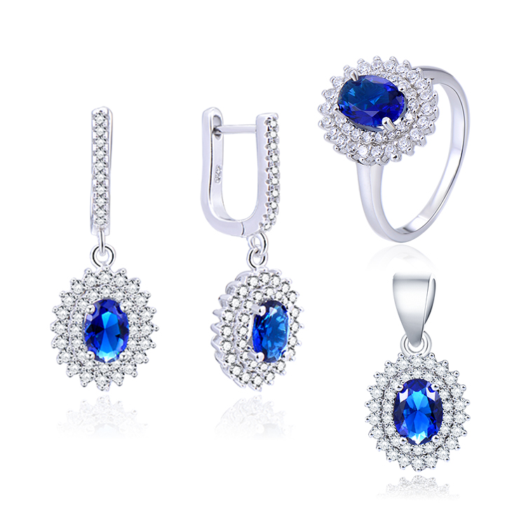 High Quality New Trendy Delicate Blue Stone Sapphire 925 Sterling Silver Wedding Jewelry Set for Women