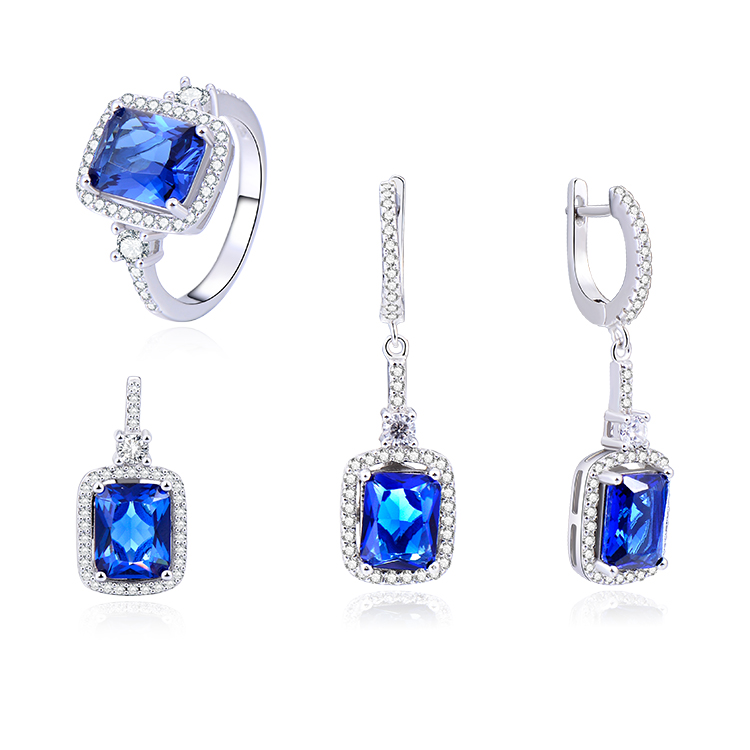 Luxueux brillant en trois parties saphir 925 Ensemble de bijoux pour femme avec boucle d'oreille et bague en argent sterling