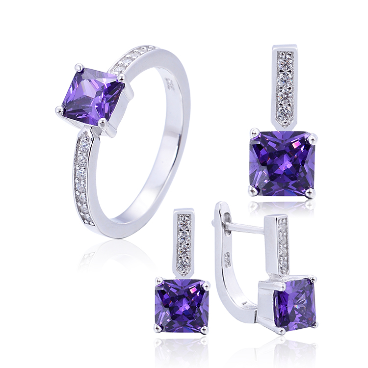 Luxurious New Fashion Amethyst White Gold Plated 925 Sterling Silver Crystal Bridal Fashion Jewelry Set